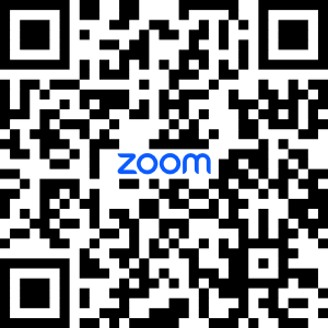 QR code with the word zoom in blue text in the center.