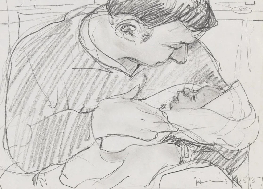 Hand-drawn sketch of a person holding a baby.