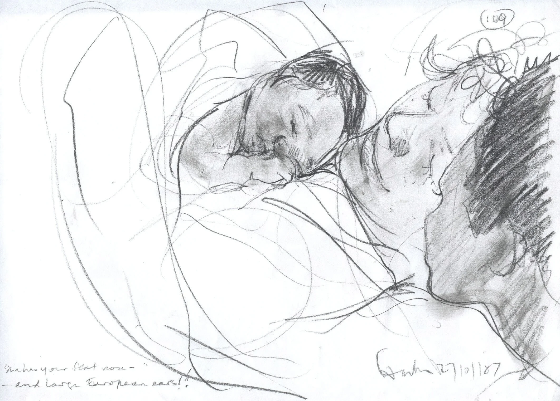 Sketch of a person sleeping on a pillow with handwritten notes and signature at the bottom right.