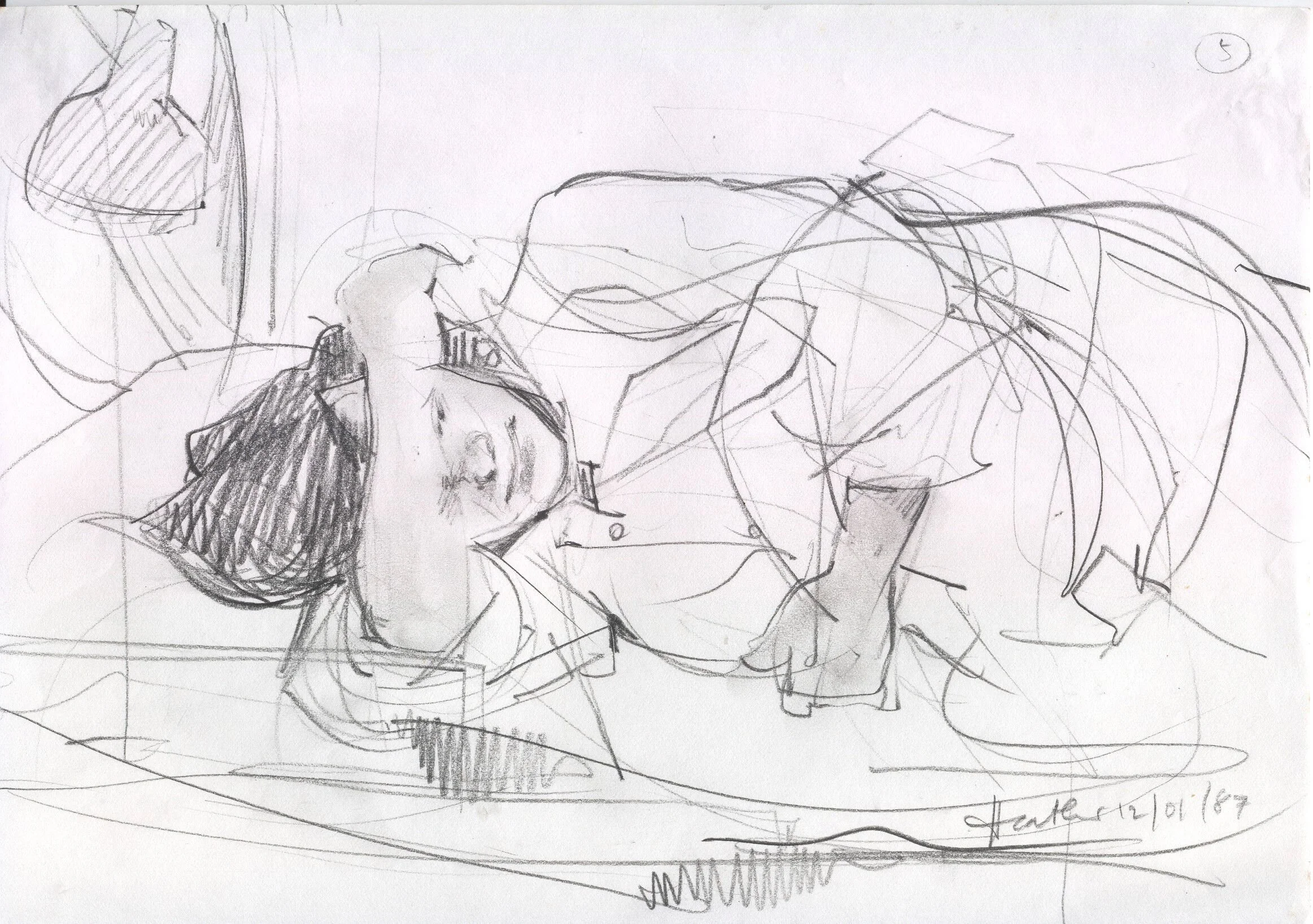 A sketch of a woman with short hair lying on a bed, resting her head on her hand, and smiling. The drawing is rough with scribbled lines and shading.