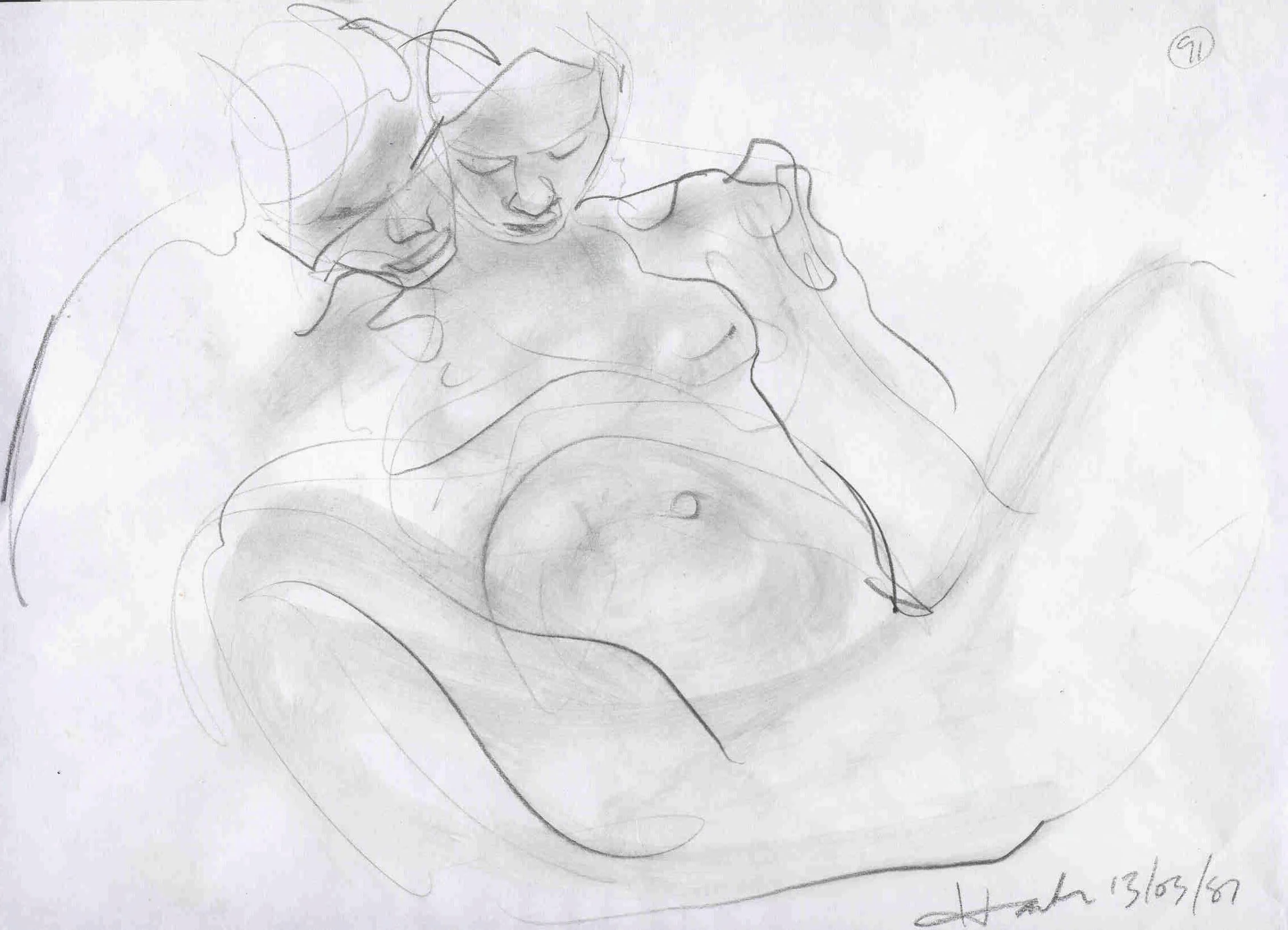 Line drawing sketch of two women sitting closely together, one with an umbrella, appearing to be engaged in a shared moment, with subtle shading and minimalistic lines.