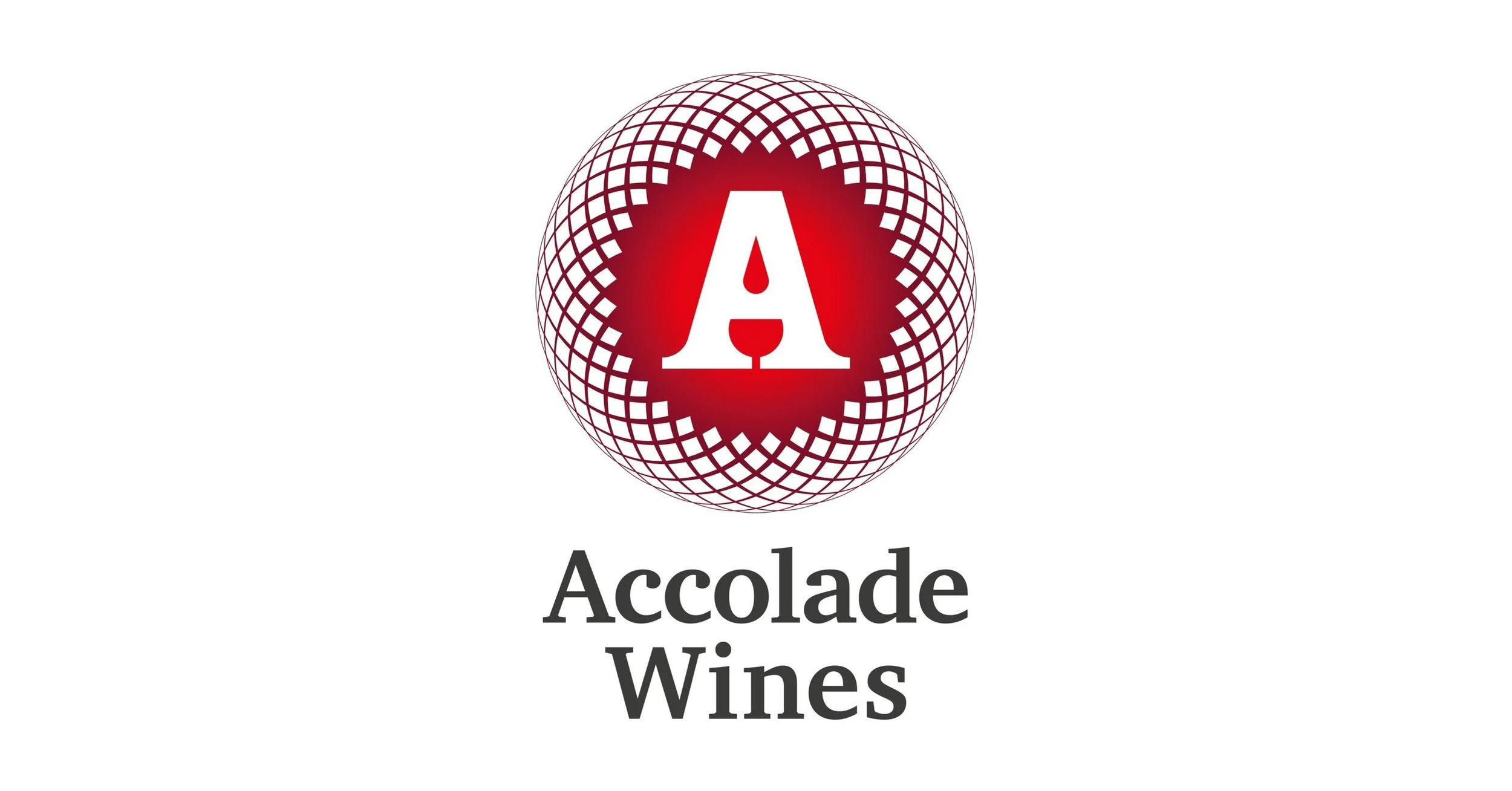 Logo for Accolade Wines featuring a stylized letter 'A' with a wine glass inside, surrounded by a red sphere with a grid pattern, and the company name below.
