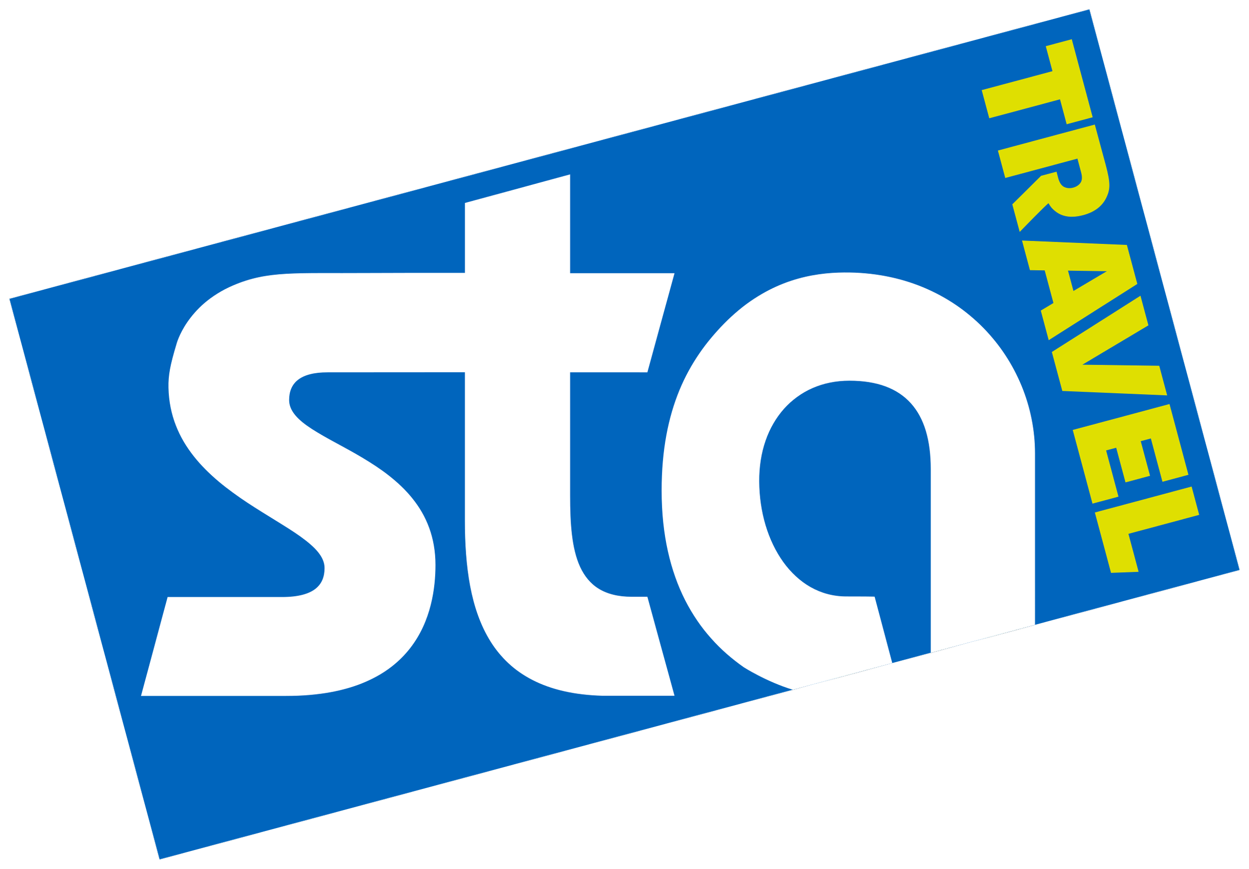 A blue promotional sign with white text reading 'stop' and yellow text spelling 'TRAVEL' at the top right corner, tilted at an angle.
