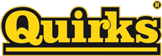Quirks logo in yellow and black text.