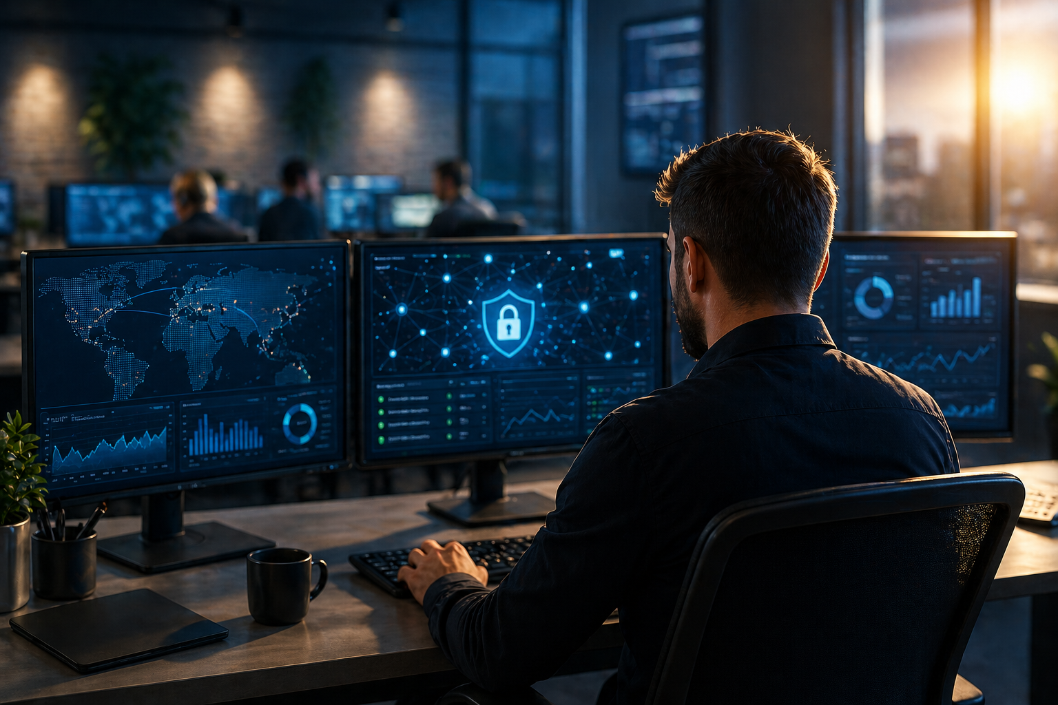 Proactive IT support monitoring systems in a modern office environment to detect security threats and maintain business performance