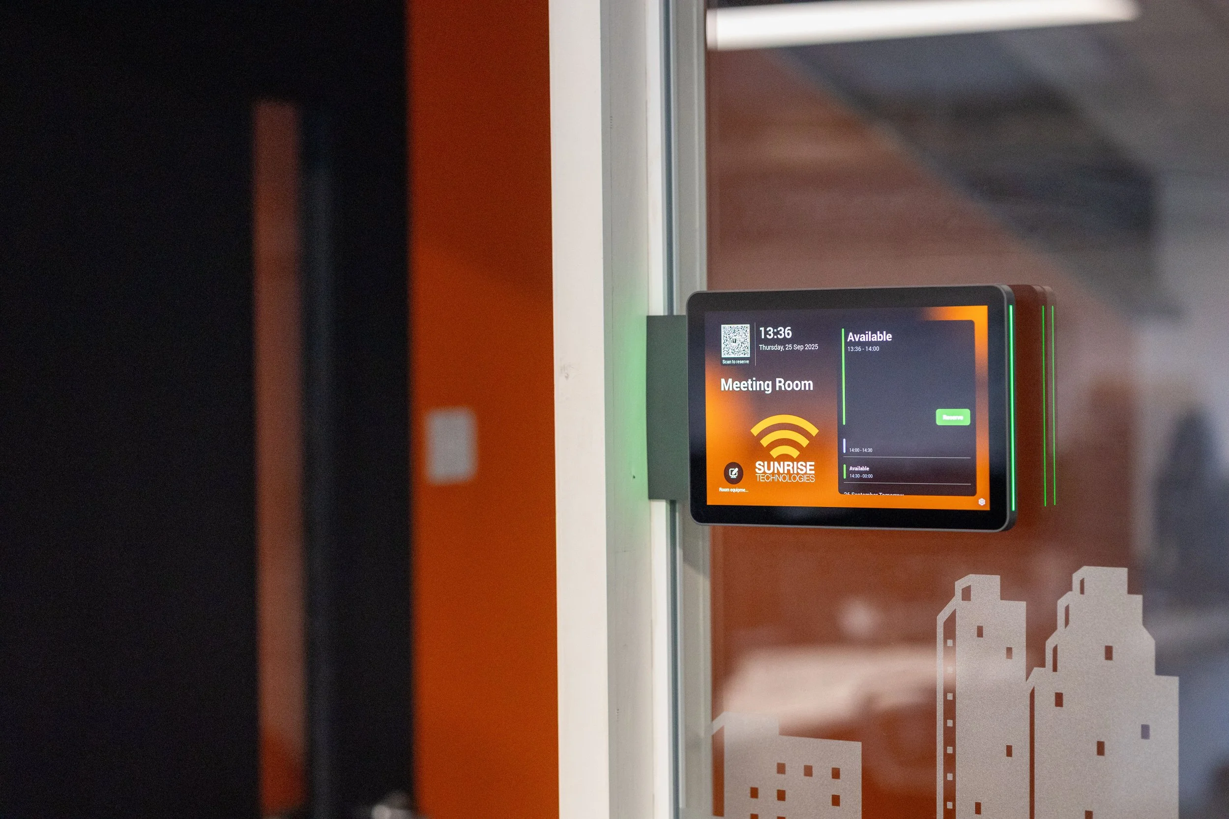Modern office meeting room with integrated video conferencing and presentation technology