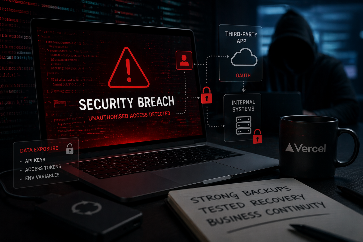 Cybersecurity breach illustration showing unauthorised access via third-party applications and the need for strong backups and data recovery