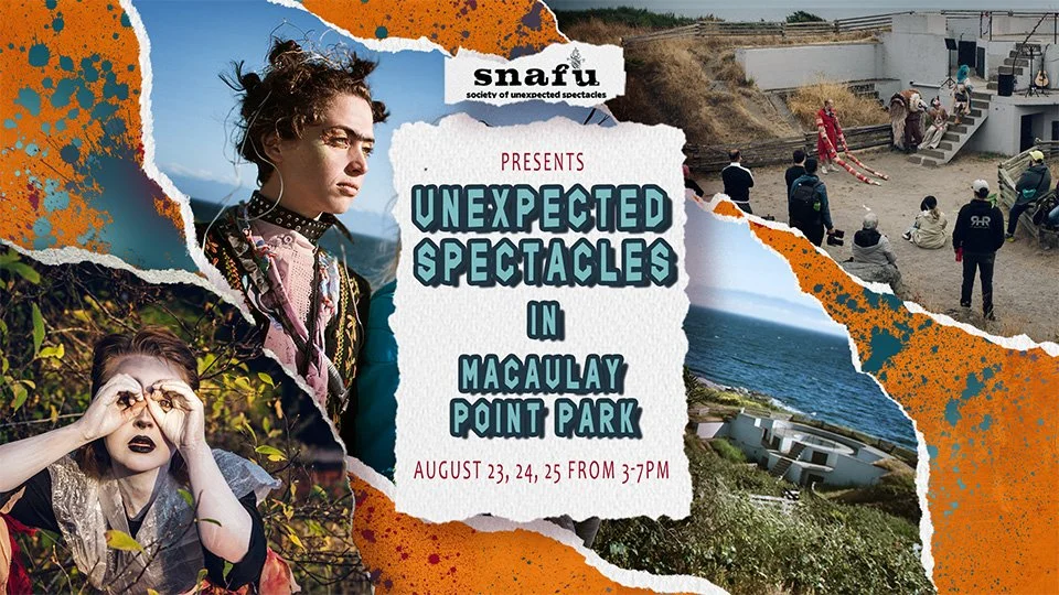 Poster of performing artists in Macaulay Point Park with title Unexpected Spectacles in Macaulay Point Park
