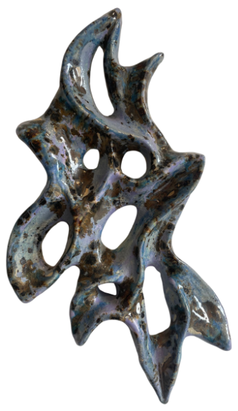 ceramic wallart in and organic abstract shape with blue and brown colors