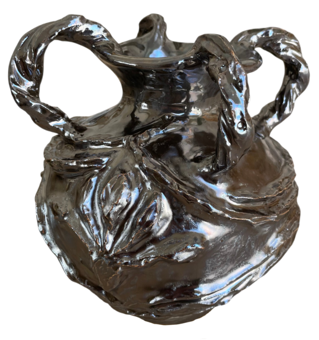 Round ceramic vase in stoneware with a metallic gunmetal glaze and siwlry designs