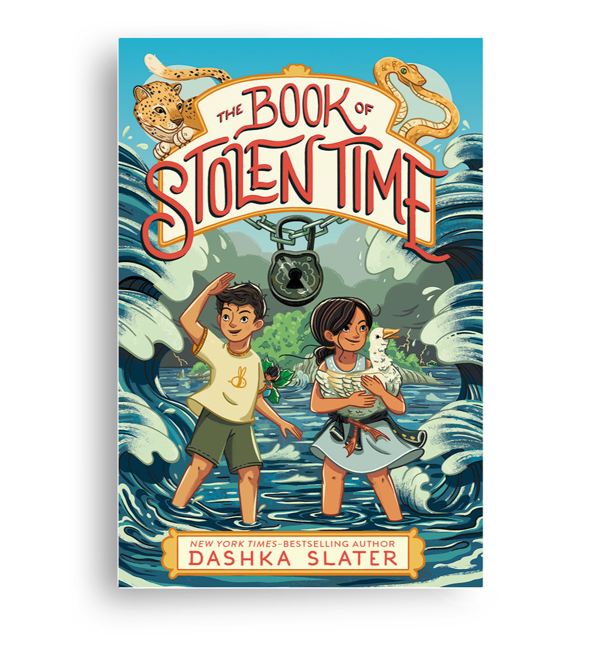 Cover of “The Book of Stolen Time,” Dashka Slater’s middle-grade fantasy about two cousins pulled into a dangerous time-bending quest.