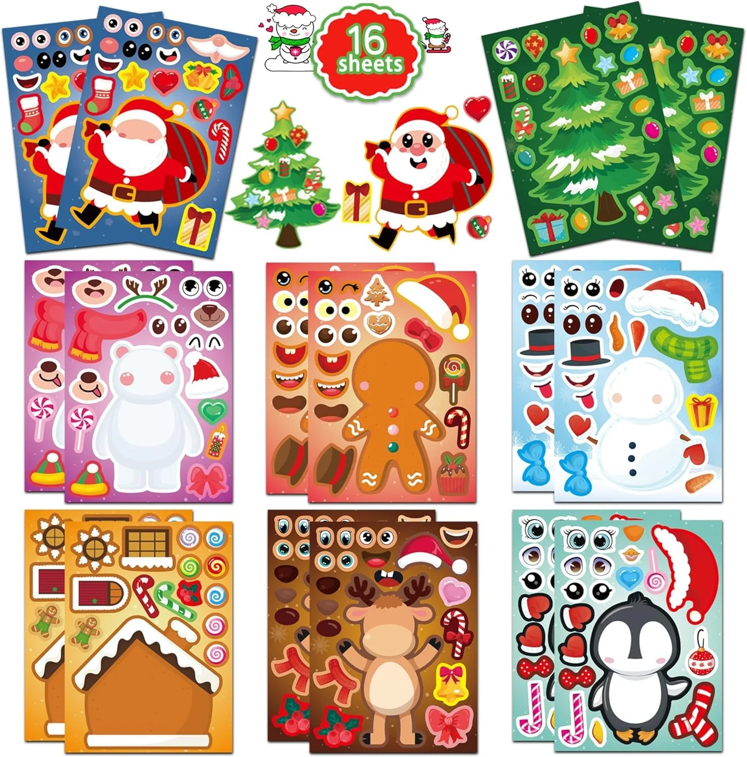 16Pcs Xmas Stickers Santa Claus Snowman Reindeer DIY