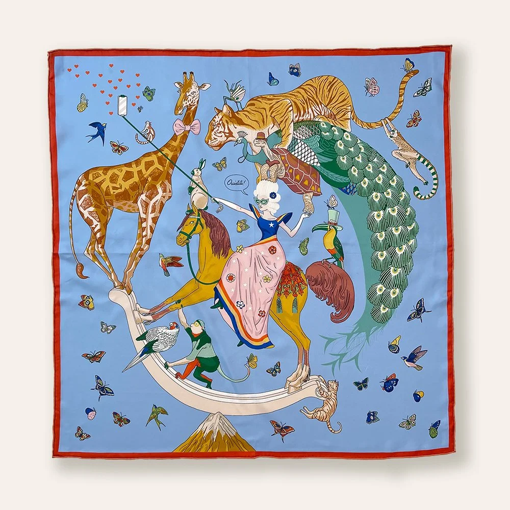70x70cm Whimsical Circus 100% Silk Woman Scarf