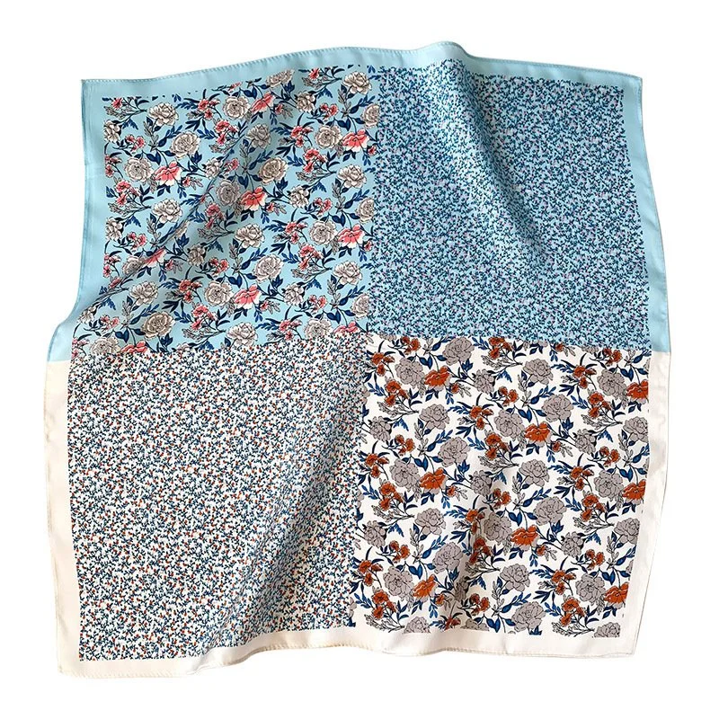 53x53cm Elegant Blue Floral 100% Silk Scarf