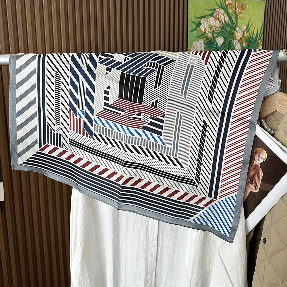 70x70cm Luxury 100% Mulberry Silk Scarf - Stripe Elegance