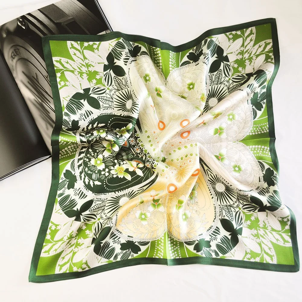 53x53cm Elegant Green 100% Silk Scarf with Floral Design