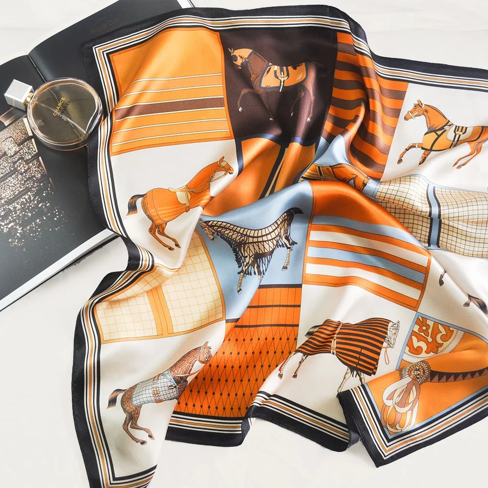 70x70cm Equestrian Elegance 100% Mulberry Silk Scarf