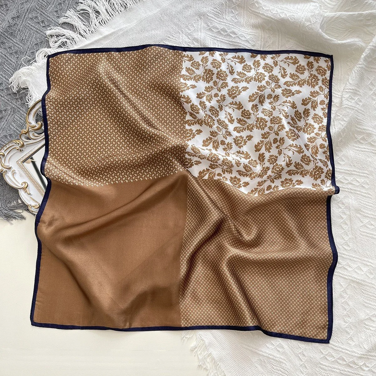 53x53cm Elegance Brown Floral 100% Mulberry Silk Scarf