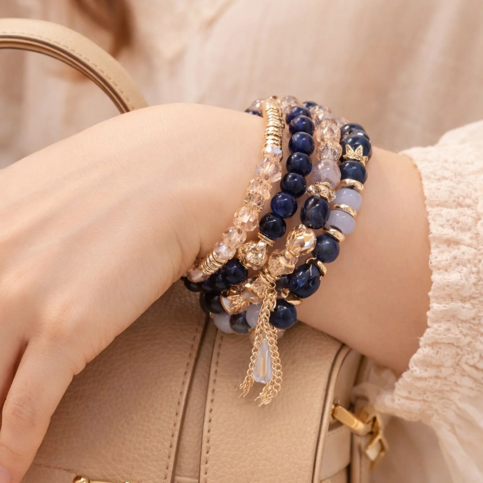 4Pcs Multilayered Bohemian Stackable Bead Bracelets Crystal Stone Stretch