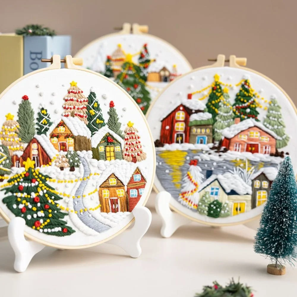 Set of 3 Christmas Embroidery Kit for Beginners w Bamboo Hoop