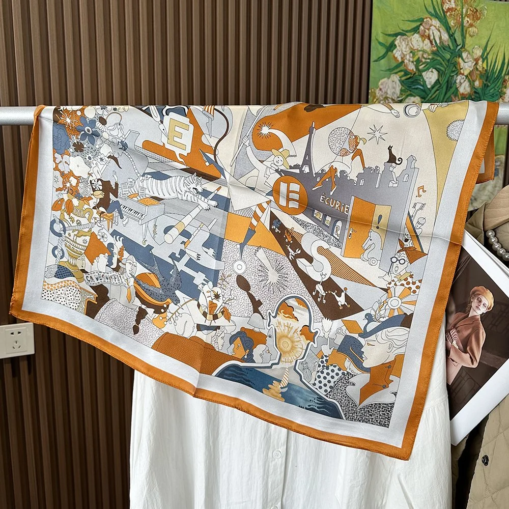 70x70cm Orange Whimsical Circus 100% Silk Scarf