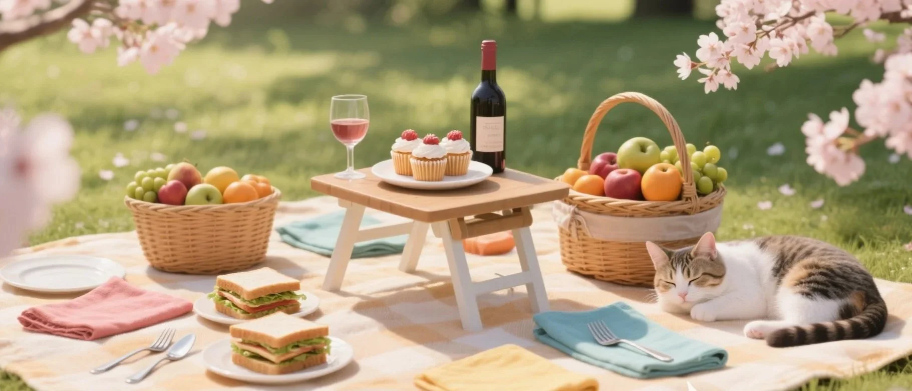 outdoor picnic, fruit basket, picnic table