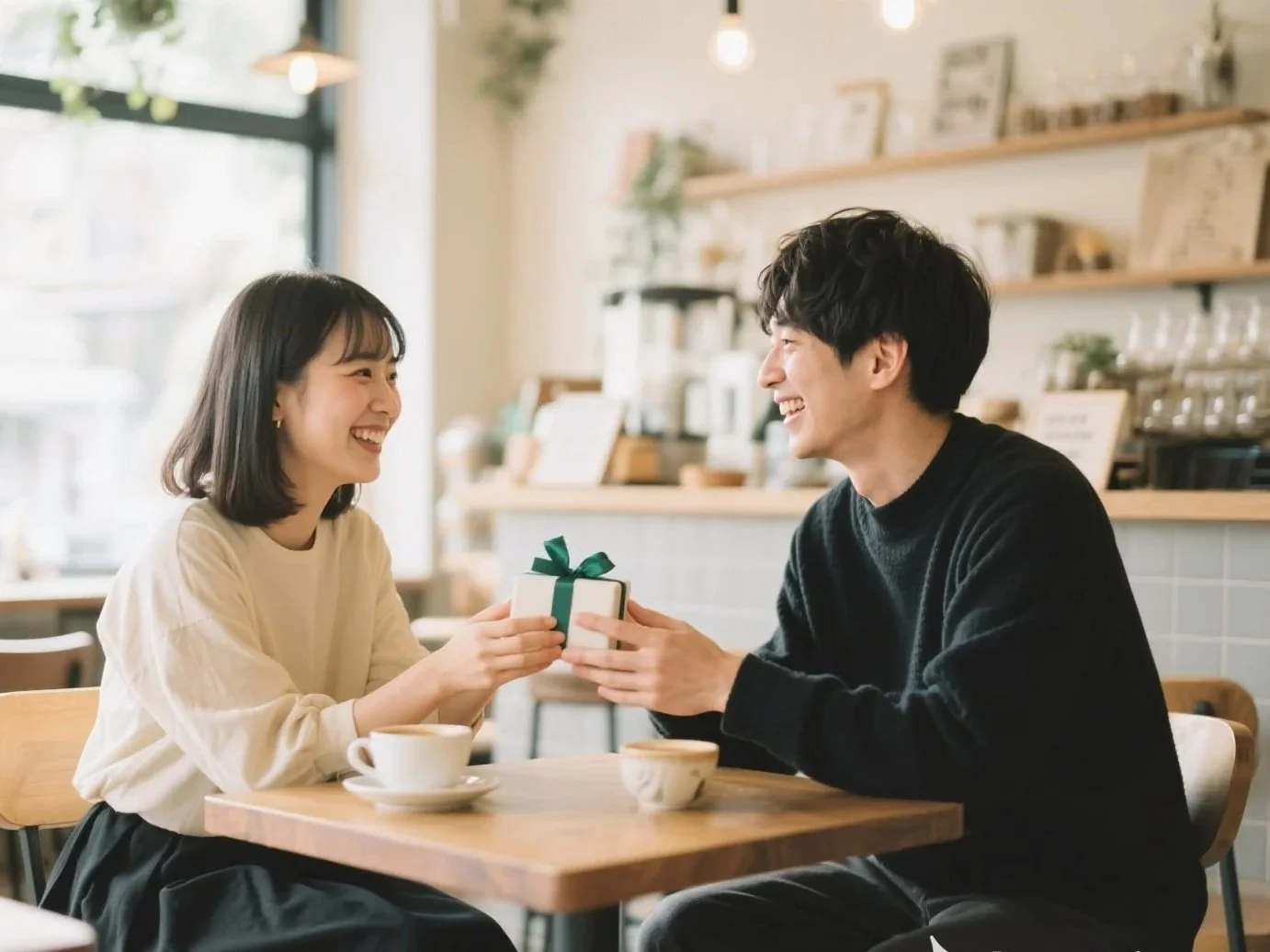 A couple exchanging a gift in a cozy, well-lit cafe. The woman is smiling and wearing a cream sweater, while the man is smiling and wearing a black sweater. There are coffee cups on the table, and the background shows shelves and kitchen appliances.