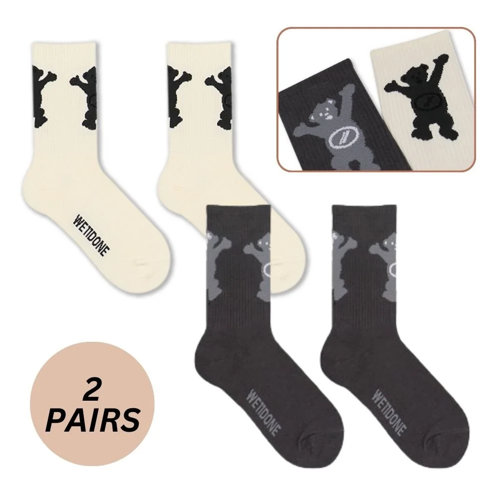 2 Pairs WELLDONE Happy Bear 100% Cotton Unisex Crew Socks