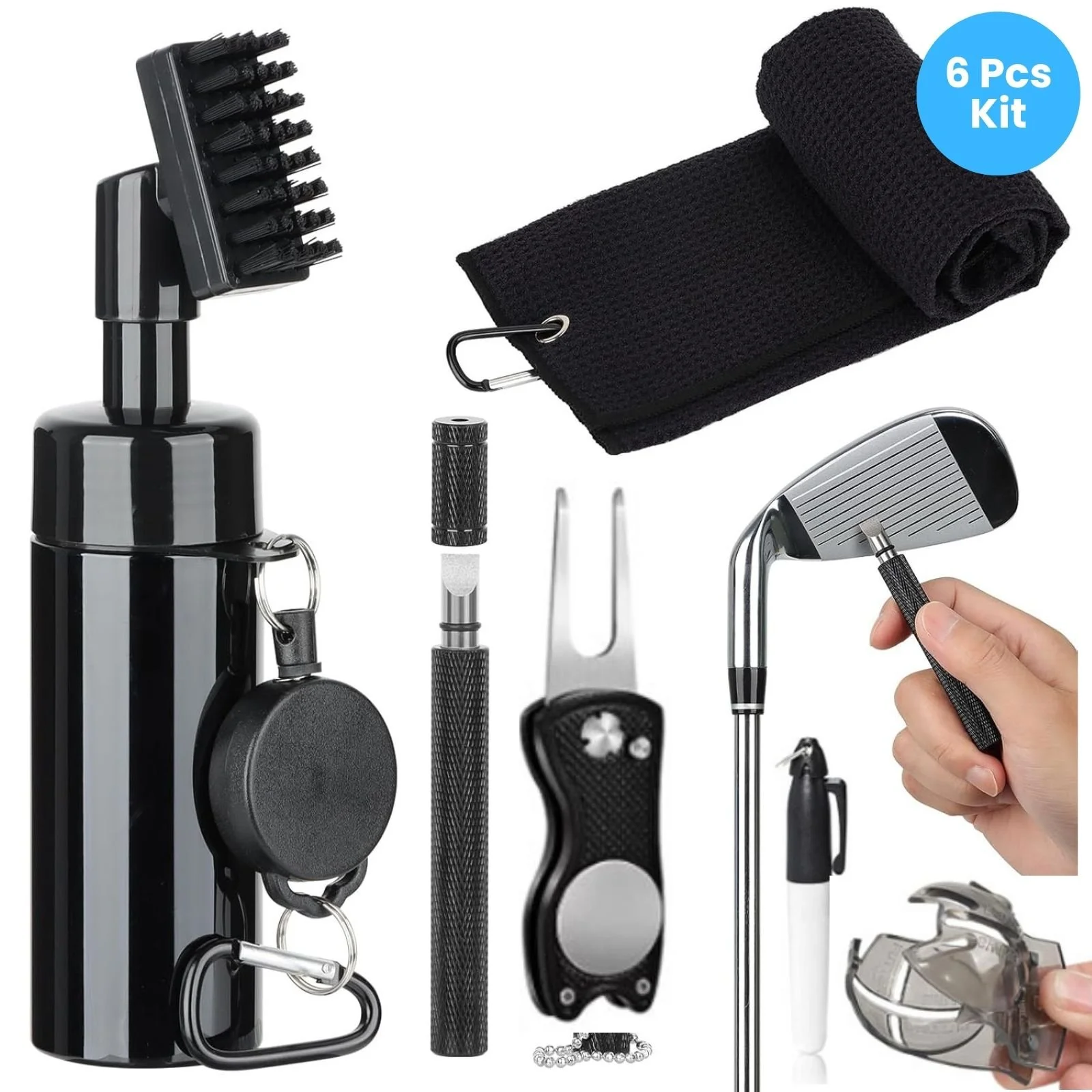Golf Club Water Cleaning Sharpener Kit Golf Towel Divot Repair Ball Alignment