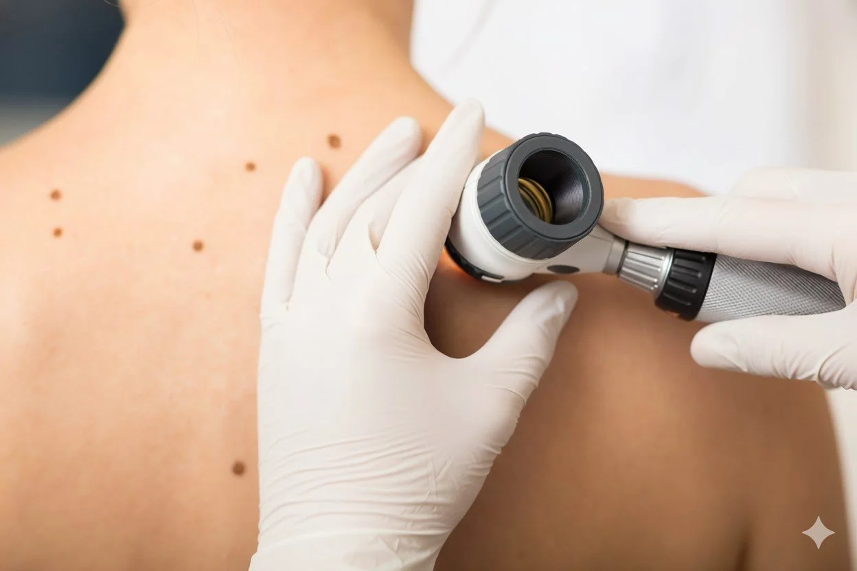 Ärztin oder Dermatologe untersucht Muttermale auf der Schulter einer Person mit Lupenlampen.