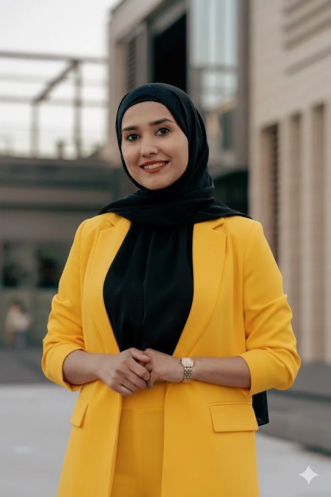 A young woman with curly hair and glasses smiling at the camera.