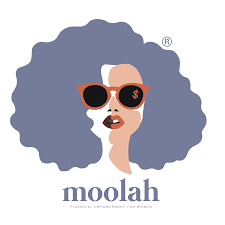 Illustration of a woman with large, curly blue hair wearing sunglasses and red lipstick, with the brand name 'moolah' below.