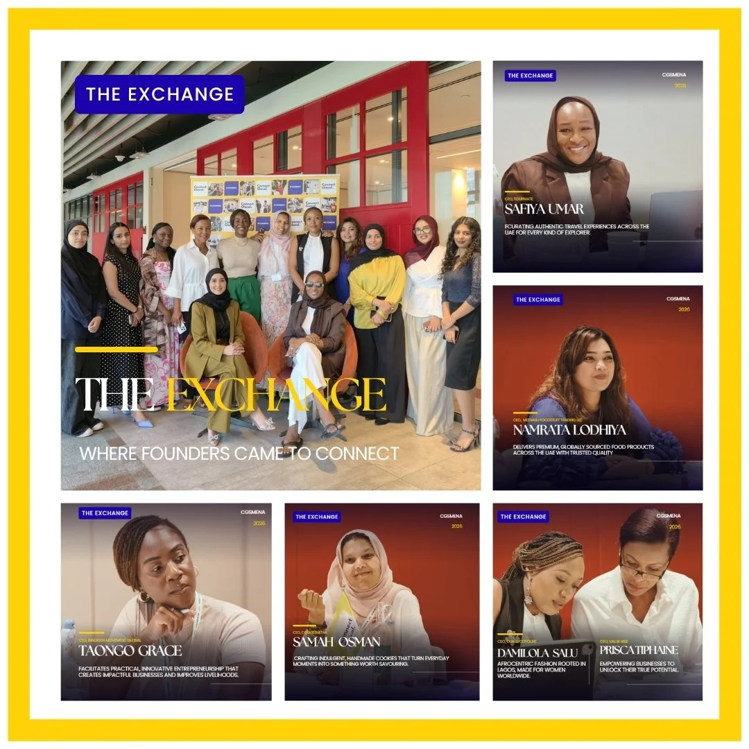 Group of diverse women standing together in an open office space with red and white interior, framed by yellow border, labeled 'The Exchange'. Smaller images of individual women with their names and titles, including Safya Umar, Namrata Lodhya, Taongo Grace, Samah Osman, Damilola Salu, and Prisca Tipiane, are on the right and bottom.