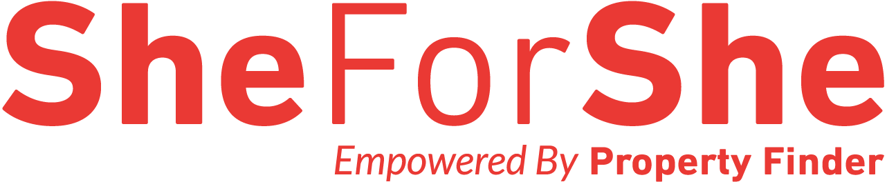 Logo for SheforShe with the tagline "Empowered By Property Finder" in red text.