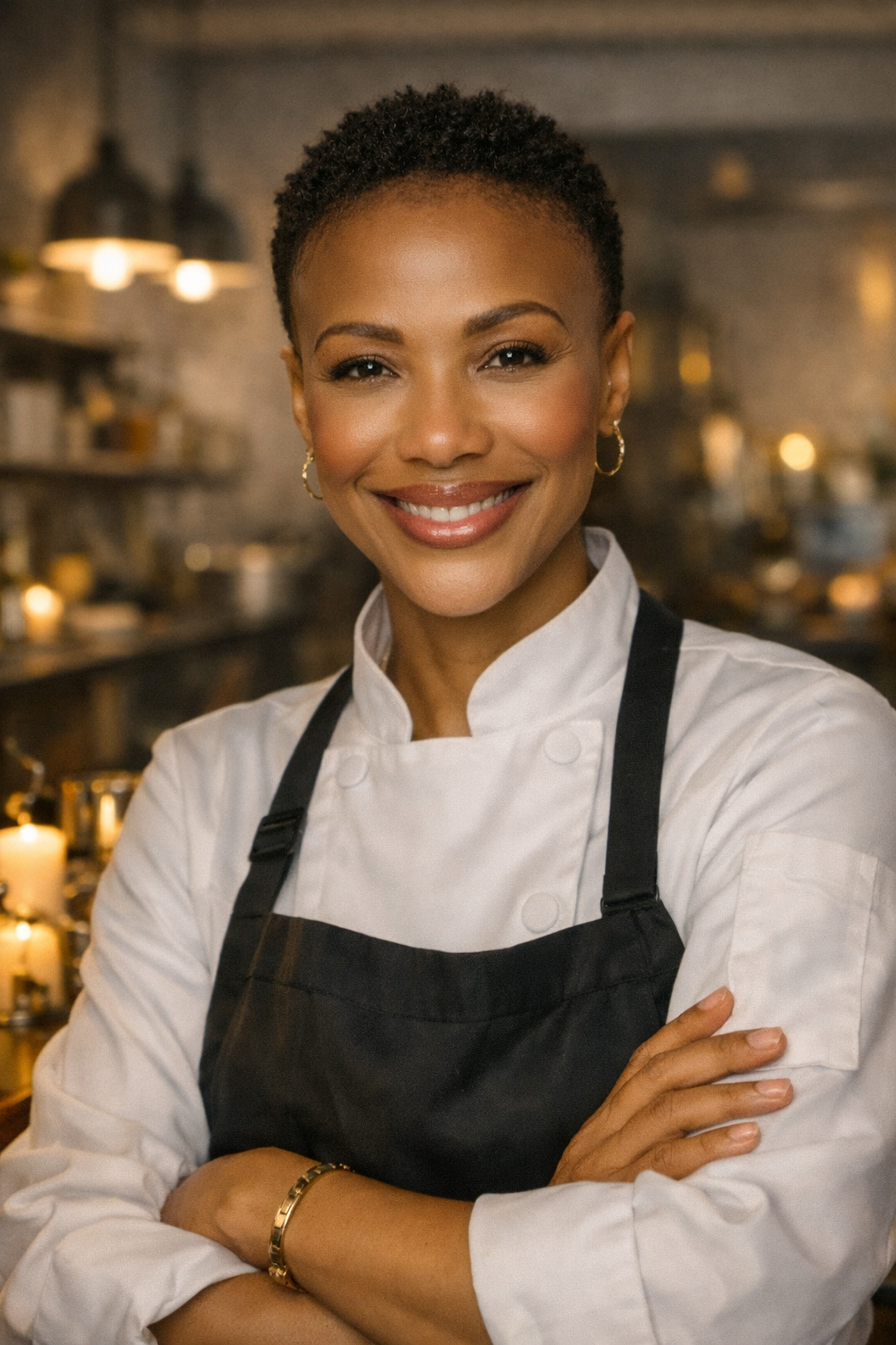 A smiling woman dressed in a white chef's coat and black apron, standing in a warmly lit kitchen or restaurant setting.
