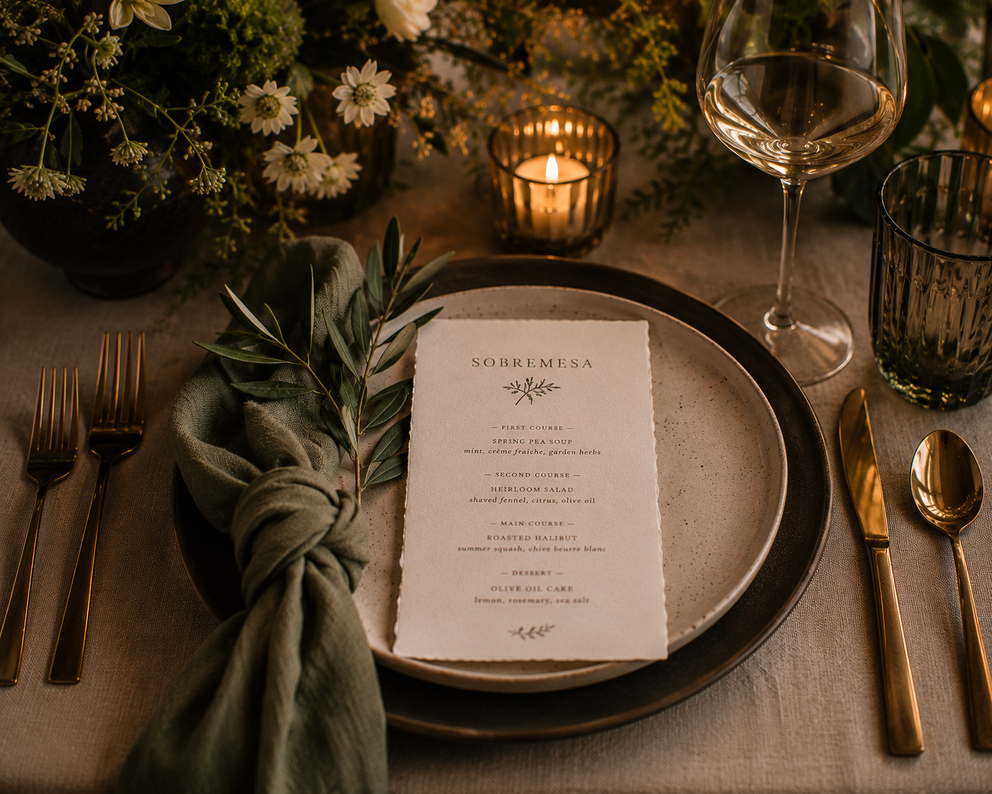 Elegant table setting with a menu on a beige plate, gold flatware, a wine glass, a water glass, a candle, and floral decorations for a formal event.