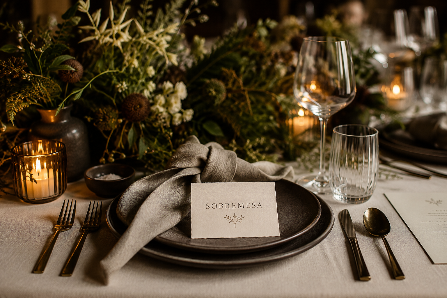Elegant wedding table setting with black plates, gray cloth napkin, gold cutlery, glassware, candle, and lush floral centerpiece with greenery and white and brown flowers, with a name card reading 'SOBREMESA'.