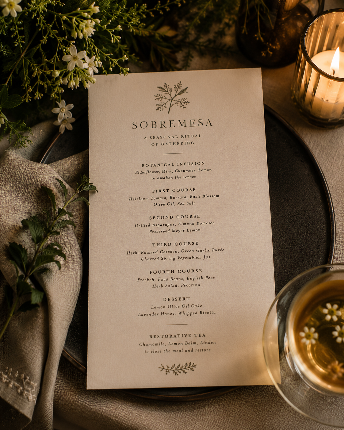 A seasonal ritual dinner menu titled 'Sobremesa' on a table with flowers, candle, and glass of white wine.