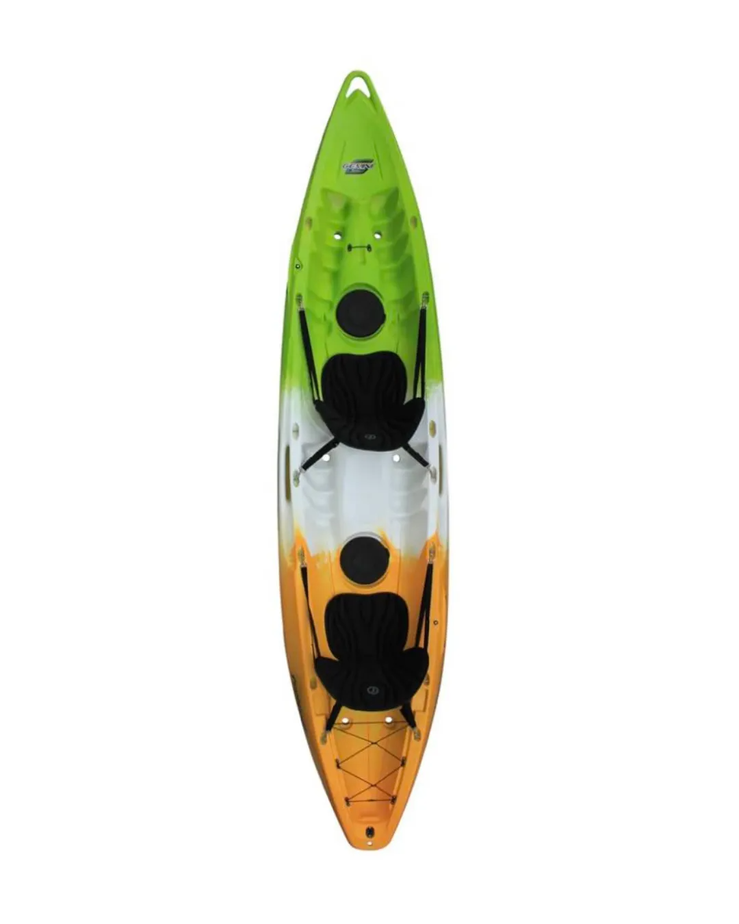 Colorful kayak with green, white, and orange sections, featuring black seats and foot braces, isolated on white background.