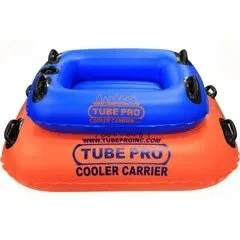 Inflatable cooler carrier with a blue inner compartment and an orange outer base, labeled 'Tube Pro Cooler Carrier'.