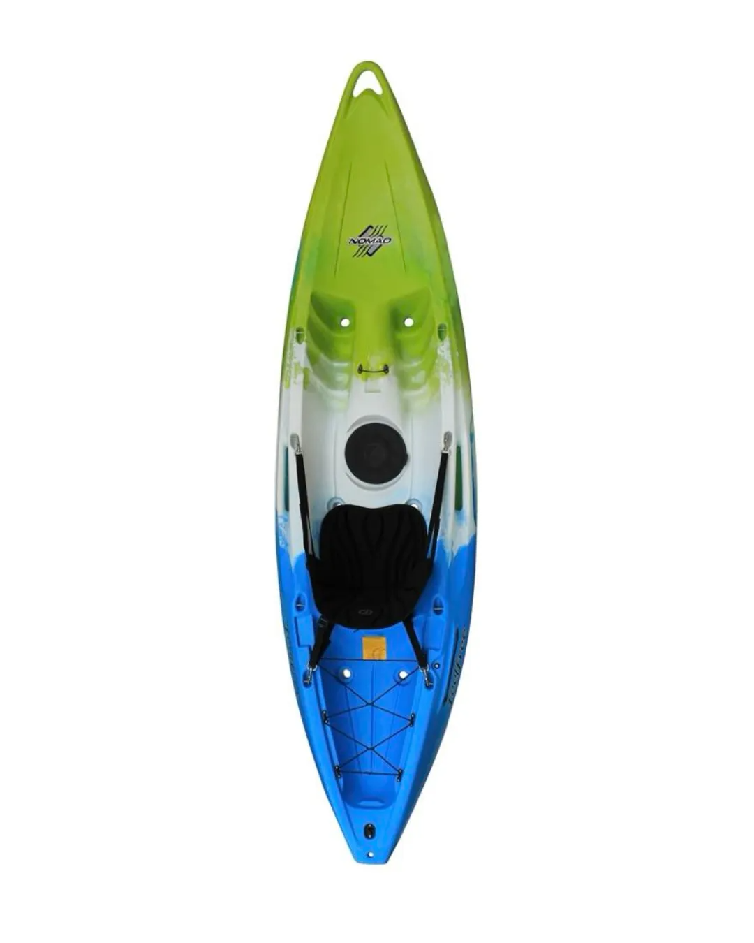 Colorful kayak with a green, white, and blue gradient design. It has a black seat, bungee cords at the front, and a circular hatch in the middle.