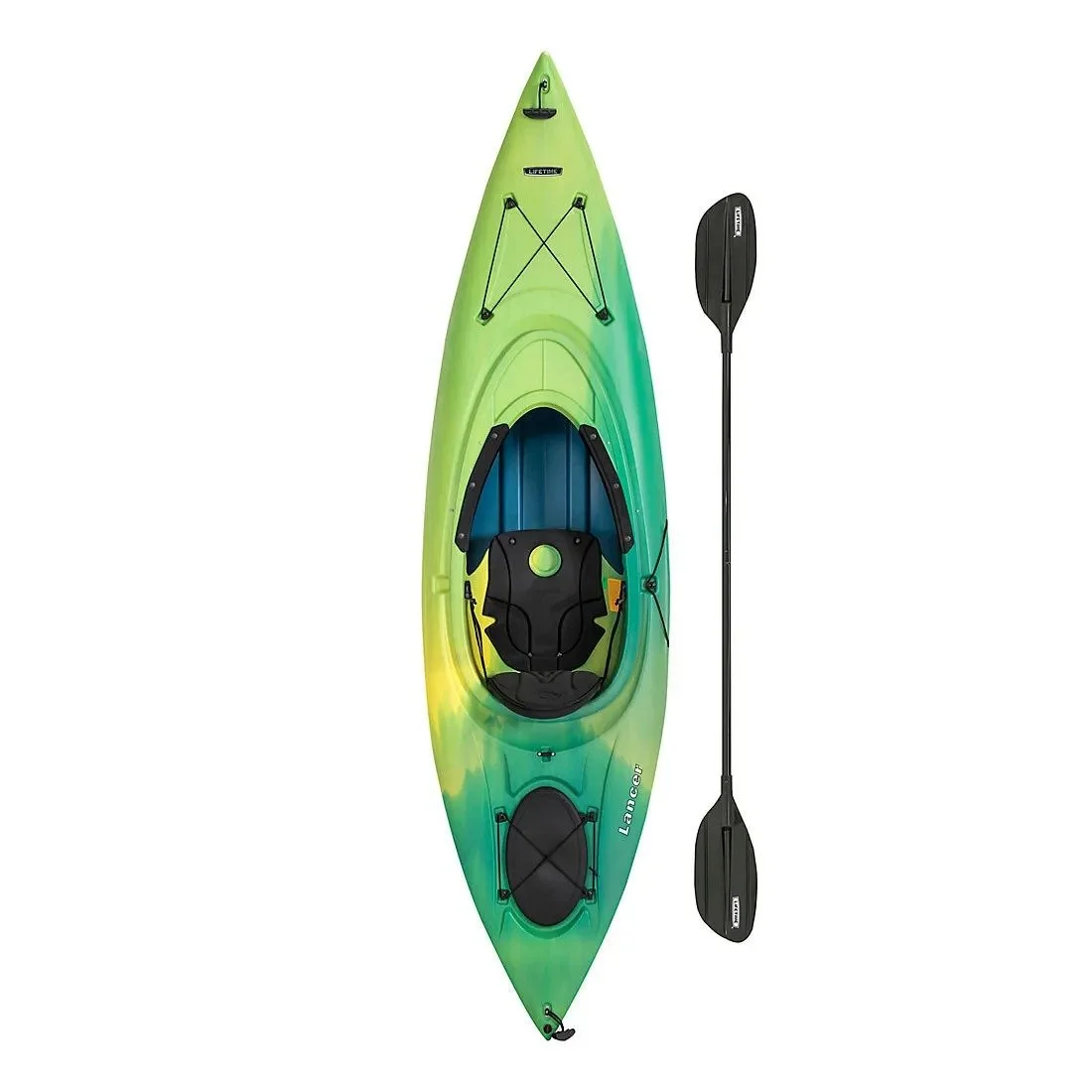 Green and blue kayak with a double-bladed paddle.