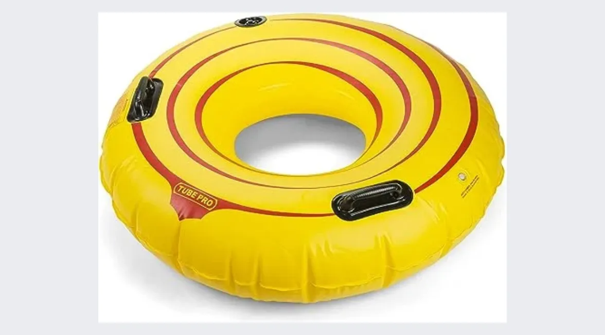 Yellow inflatable inner tube with red concentric rings and black handles for floating in water.
