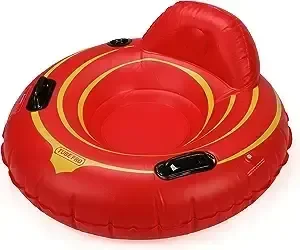 Red inflatable pool float with a built-in backrest and black handles.