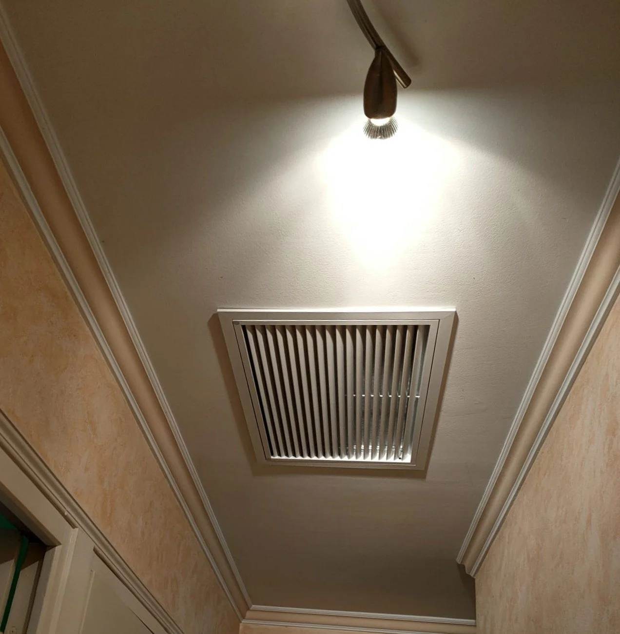 Plafond avec une lumière, un extracteur d’air, et une moulure décorative dans une pièce intérieure.