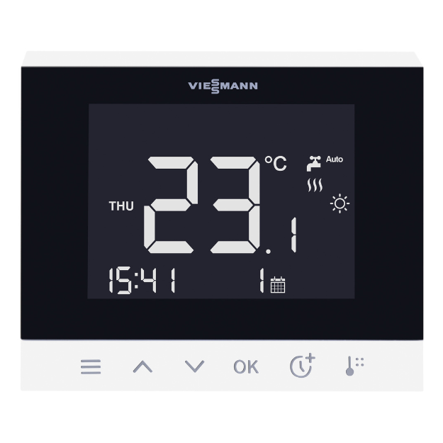 Thermostat numérique avec affichage de la température de 23,1°C, jour jeudi, heure 15h41, et date 1, avec icônes pour mode auto, lumière et chauffage.