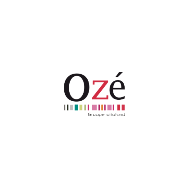 Logo avec le texte 'Ozé Groupe ottofond' et des motifs colorés en bas.