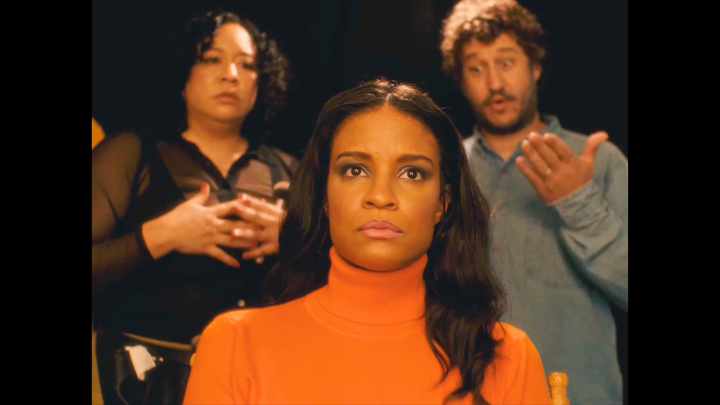  Actors (L-R) Elyssa Bustamante as Miss Gloria, Grisselle Escotto as Sonia Manzano, and Andrew Delman as Jon Stone in a dramatized scene from STREET SMART.