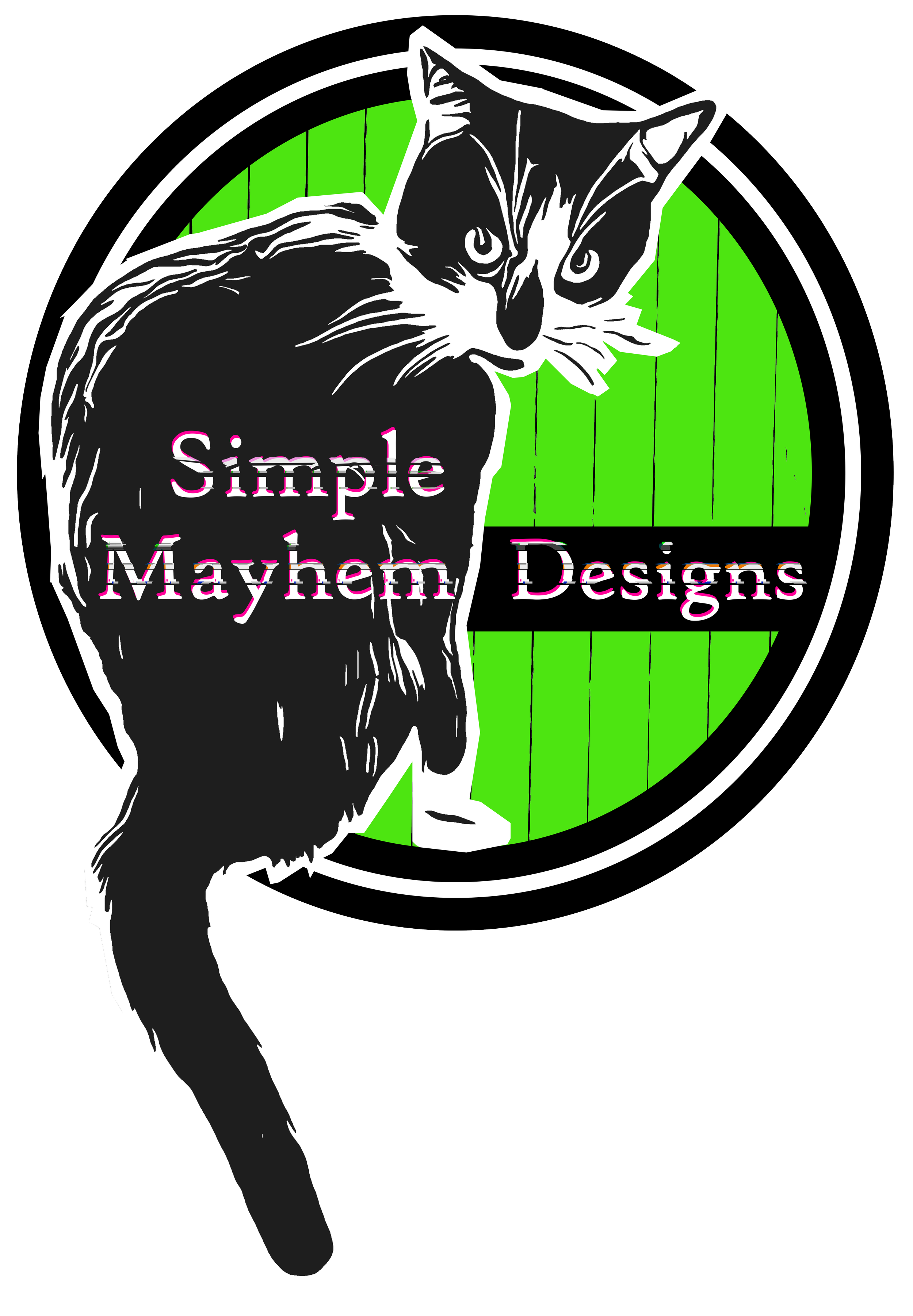 Logo featuring a black and white cat with green eyes and a green background. Text reads 'Simple Mayhem Designs' in pink and black.