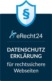 Icon mit Schild und Paragraphenzeichen, Text 'eRecht24' und Hinweis auf Datenschutz­erklärung für rechtssichere Websites